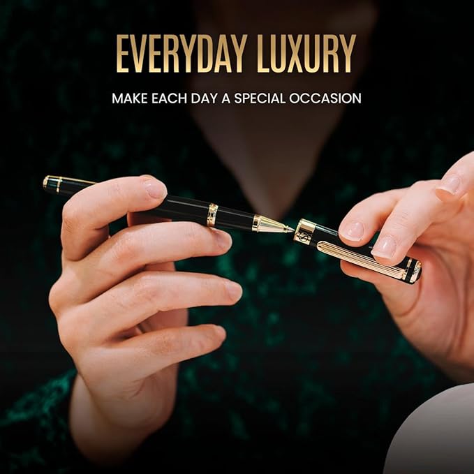 Scriveiner Black Lacquer Rollerball Pen - Stunning Luxury Pen, Real Gold Plating, Schmidt Ink Refill, Best Roller Ball Gift Set for Men & Women, Professional, Executive Office, Nice Pens