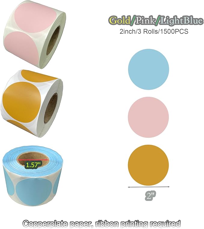 1500 Gold, Pink, Light Blue 2 Inch Round Color Code Dot Stickers for Inventory Organization - Blank Labels to Write On