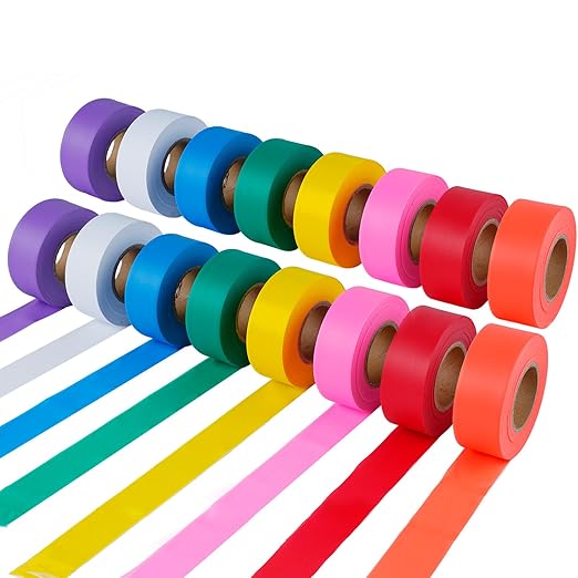 Flagging Tape Assorted Colors 16 Rolls - Non-Adhesive Neon Marking Surveyors Caution Tape, for Tree Marking, Hunting Trail Tape, 1-3/16 in. x 150 ft,3.35 Mil