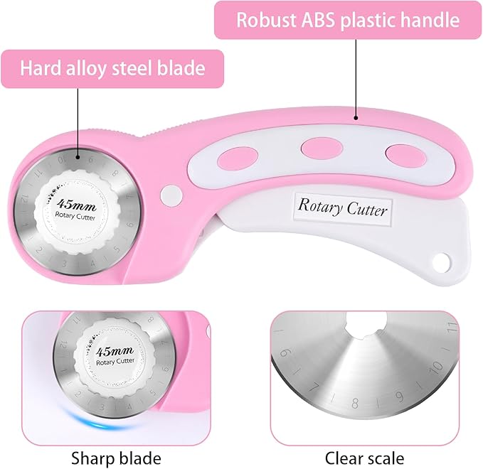 45mm Rotary Cutter for Fabric, Fabric Cutters with 5pcs Extra Rotary Blades, Roller Cutter Set for Sewing, Quilting, Leather & Craft Projects (Pink)