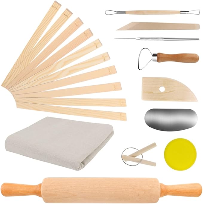 Pletpet 20Pcs Pottery Tools Kit for Adults, with 1 Wooden Rolling Pin, 10 Pottery Rolling Mud Sticks, 8 Clay Sculpting Tools and 1 Premium Linen for Ceramic, Polymer Clay & Beginners