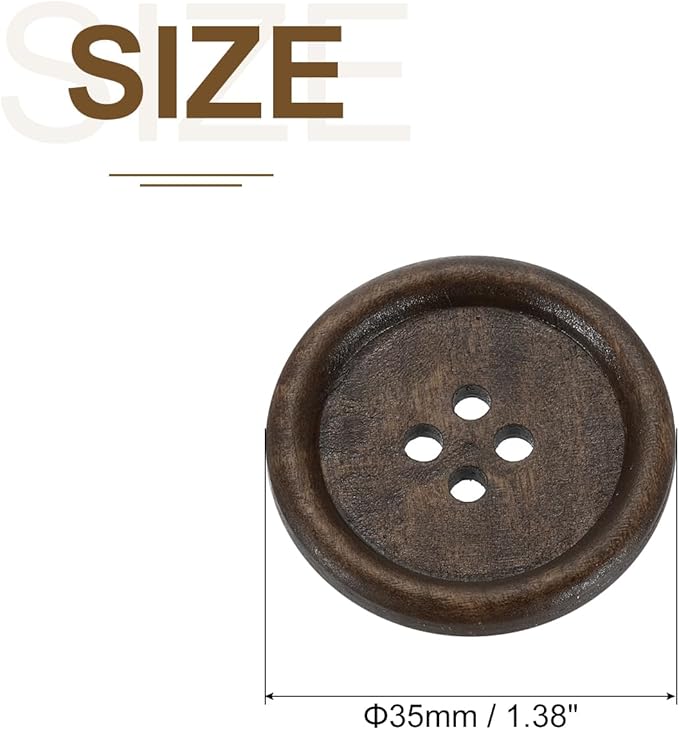 uxcell 50Pcs Wooden Buttons, 35mm(1 3/8") 4 Hole Round Wood Sewing Button Craft Flatback for Sewing DIY Craft Clothing, Dark Brown