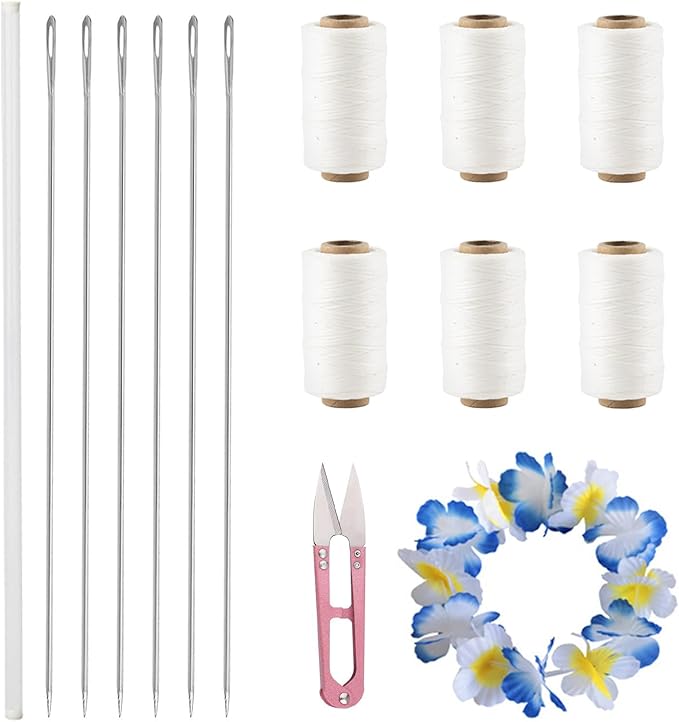 Lei Needle Kit, 6 Pcs 14 Inch Extra Long Sewing Needles 6 Rolls Lei Needle Twine 1 Pcs Lei Needle Storage Tube Sewing Scissors, Long Upholstery Needles for DIY Graduation Hawaiian Flower Lei Making