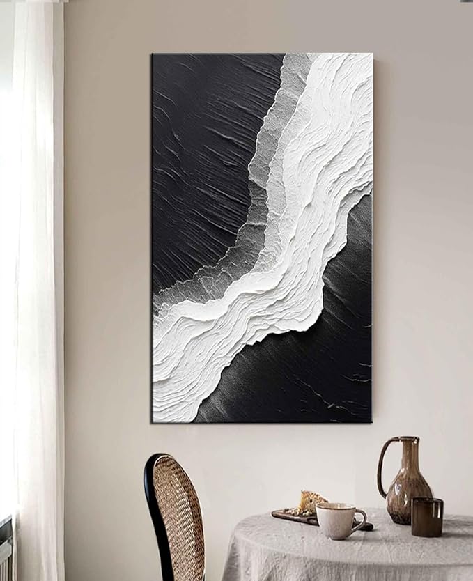 YaSheng Art - Hand-Painted Thick Texture Abstract Oil Painting sea wave Black and White Wall Art Minimalist modern Art Paintings Home Living room Room Dining Room Bedroom Wall Decorative Art Oil Painting 24x48inch