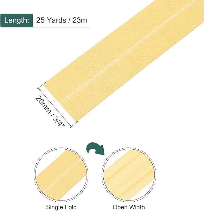MECCANIXITY 3/4 Inch Single Fold Bias Tape Cotton Continuous Bulk Bias Tape for Sewing, Seaming Quilting Hemming Binding Crafts (Lemon Yellow 25 Yards)