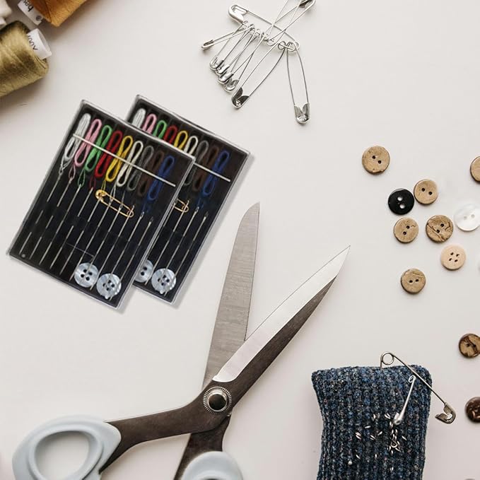 2 Boxes Easy Pre Threaded Needle Kit, Prethreaded Sewing Kits, Small Home Travel Sewing Box with Pin Button, Box Each Box with 10 Pieces