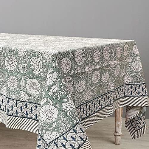 ATOSII Jade 100% Cotton Rectangle Boho Fall Tablecloth, Handblock Floral Table Cloth Linen for Kitchen Dining I Parties Wedding Outdoors Thanksgiving Easter Picnics I 72 X 108 Inches I 8 Seater