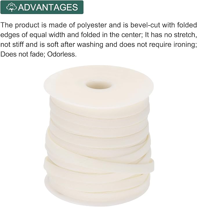 MECCANIXITY 1/4 Inch Double Fold Bias Tape Polyester Continuous Bulk Bias Tape for Sewing,Seaming Quilting Hemming Binding Crafts (Beige White 25 Yards)