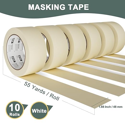 10 Pack Masking Tape 2 Inch Wide Bulk, 2026 Upgrade White Painters Tape Anti-UV General Purpose, 1.88 Inch × 55 Yards Total 550 Yards