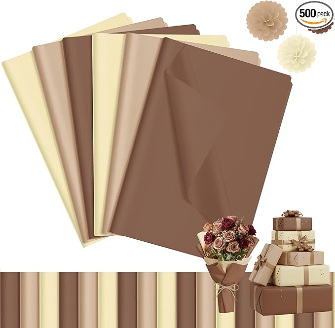 Qilery 500 Sheets Kraft Brown Tissue Paper Bulk 15 x 20 Inch Acid Free Wrapping Gift Paper for Valentine's Day Wedding Birthday Gift, Baby Shower Bachelorette Party Decoration, Flowers Packaging