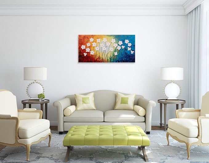 Yihui Arts Hand Painted Textured Flower Oil Painting on Canvas - Colorful Abstract White Floral Wall Art for Living Room, Bedroom, Modern Home Decor