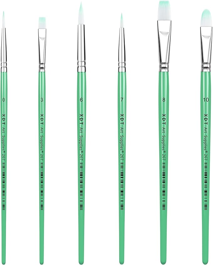 XDT#267 Artist Paint Brush Set, 6Pcs Nylon Brushes for Acrylic Painting, Watercolor, and More–Includes Filbert, Round Tip, and Flat Brushes