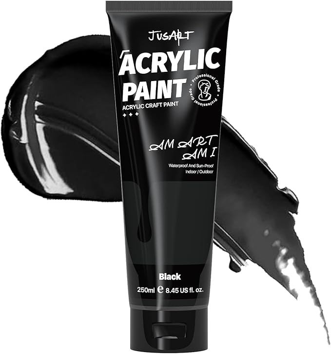 JusArt Acrylic Paint Black Tubes 250ml (8.45 oz), Non Toxic Craft Paint, No Fading Rich Pigment for Canvas Painting, Wood, Fabric, Clay, Stone, Ceramics Art Supplies for Artists, Adults