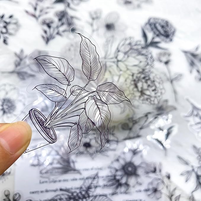 50Pcs Black Transparent Waterproof Plant Stickers for Scrapbooking, Journaling & Crafts – Floral & Botanical Decals for Resin Art Projects, Planners, Cards, Gifts