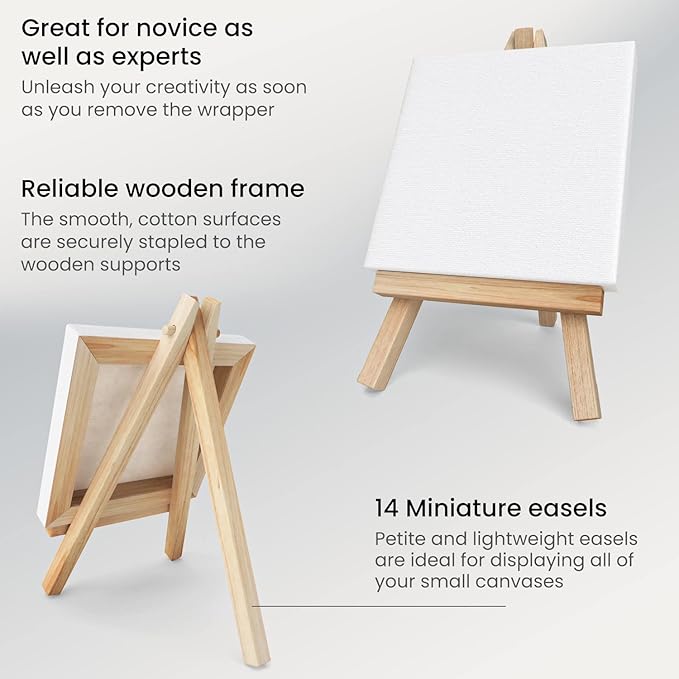 ARTEZA Small Canvases with Easels, 4 x 4 Inches, Pack of 14, Blank White Stretched Canvas for Acrylic, Oil and Gouache Painting