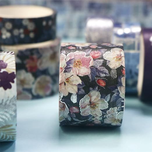 YUBX Elegance Blue Washi Tape Set 8 Rolls Wide Silver Embellishment Decorative Masking Tapes for Arts, DIY Crafts, Journals, Planners, Scrapbook, Wrapping