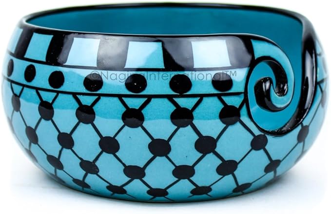 Nagina International Ceramic Attractively Hand Painted Gorgeous Stoneware Yarn Ball Storage Bowl With Innovative Dispensing Curl | Knitting & Crochet Accessions (Medium, Dawn Blue)