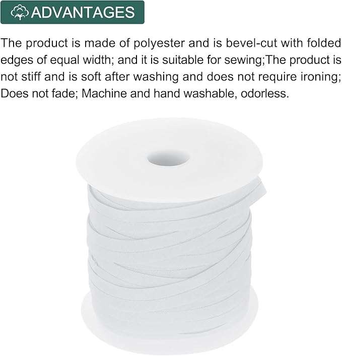 MECCANIXITY 1/2 Inch Single Fold Bias Tape Polyester Continuous Bulk Bias Tape for Sewing,Seaming Quilting Hemming Binding Crafts (White 50 Yards)