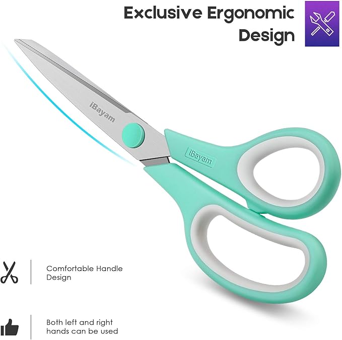 Scissors, iBayam 8" All Purpose Scissors Bulk 3-Pack, Ultra Sharp 2.5mm Thick Blade Shears Comfort-Grip for Office Desk Accessories Sewing Fabric Home Craft Teacher School Supplies, Right/Left Handed