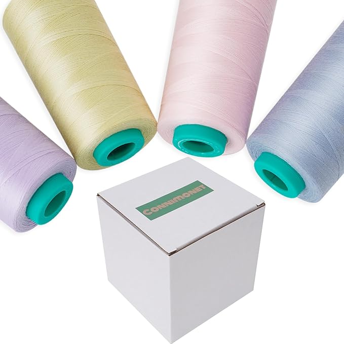 Serger Thread, All-Purpose Sewing Thread Polyester,4 Cones of 3000 Yards Each Spool,Cone Thread for Sewing Machine,140S/2 (Grey Blue,Yellow Green,Purple,Pink)
