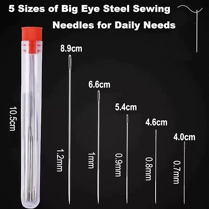 44PCS Sewing Tool Set with Box, Big Eye Steel Sewing Needles Kit, Stainless Steel Needles for Hand Sewing, Needle and Thread Kit for Sewing