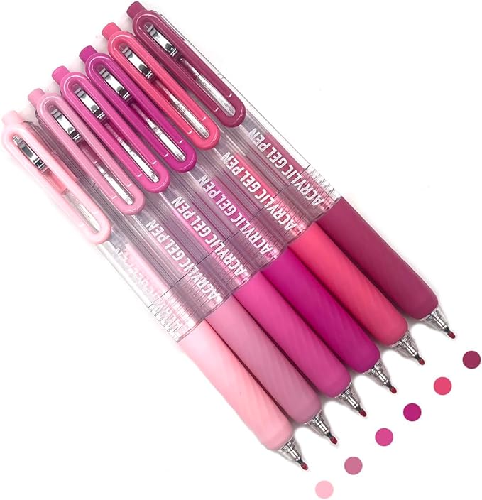 6 Pcs Acrylic Gel Pens 0.7mm Quick Dry Colorful Fine Point Smooth Writing Ballpoint, for Adult Coloring, Black Paper, Drawing, Journaling, Note Taking, Sweet Pink
