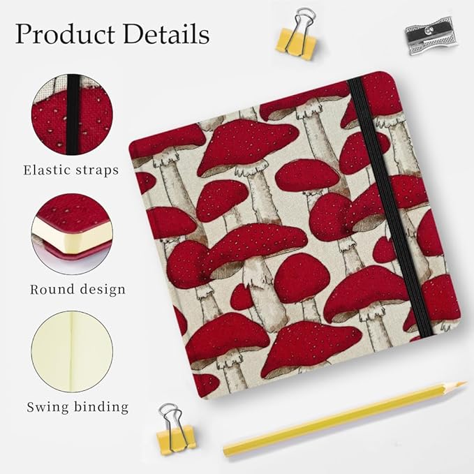 Mifuner 4.8x4.8in 80gsm Mini Notebooks Art Blank Pages Sketchbooks Travel Journal Pocket Hardcover Paint Writing Notebook Blank Diary Memo Planner Sketchbook Fabric Cover.Red Mushroom