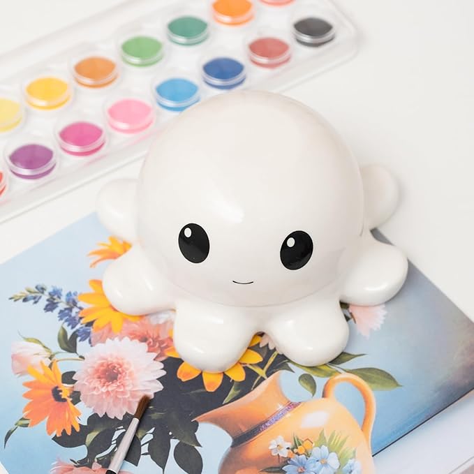 Ceramic Paint Palette Cute Octopus Design Perfect Watercolor Tray Reusable Mixing Trays Porcelain with Lid Ideal Gift for All Ages Art Supplies for Kids and Adults Creative Painting Experience