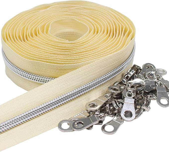 MebuZip #5 Silver Metallic Nylon Coil Zippers by The Yard Bulk Coil Zipper Roll 10 Yards with 25pcs Pulls for DIY Sewing Craft Bags (Beige)