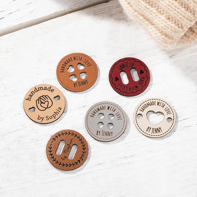 Custom Name Leather Handmade Craft Buttons, Personalized Sewing Tags for Crochet with Engraved Pattern - Handmade with Love Button Gift for Mom Mother Grandma