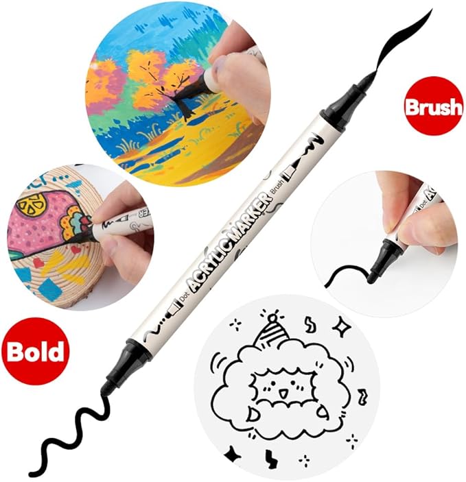 TRANSON 6 Black and 2 White Paint Markers Bold and Brush Dual-tip Acrylic Paint Marker for Rock Glass Canvas Wood Leather Ceramic DIY Painting