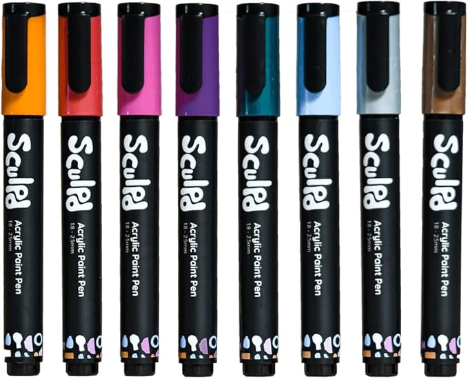 Sculpd Acrylic Paint Pens Set, Metallic, Premium Fine Tips for Painting Pottery, Wood, Cardboard, Paper, Glass & Most Other Surfaces, 8 Vibrant Colors for Arts & Crafts