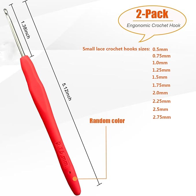 Mdoker 2PCS Small Size Crochet Hook Ergonomic Handle Crochet Hook Needles for Arthritic Hands,Thread Crochet Steel Lace Hooks Size 2.75mm