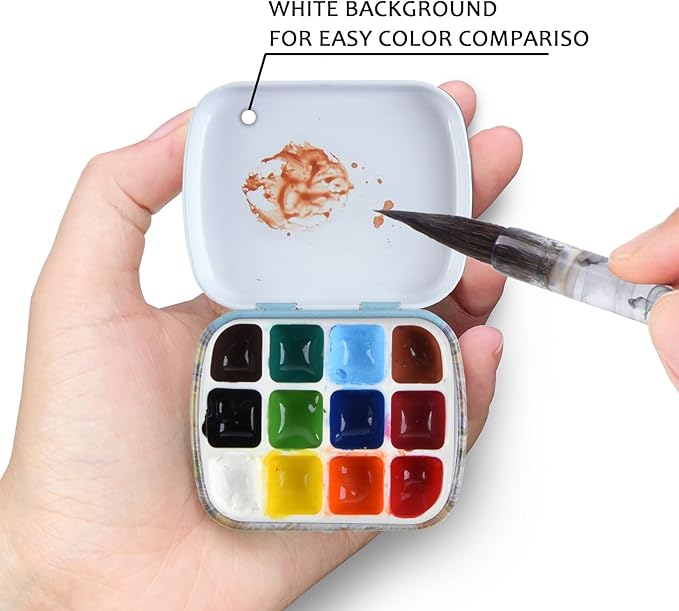 Portable Mini Tin Box,12-Well Empty Watercolor Palette,Small Paint Storage Travel Artist Outdoor Sketch Watercolor Kits with Magnetic Clip and Oil Pot.Wheat Field