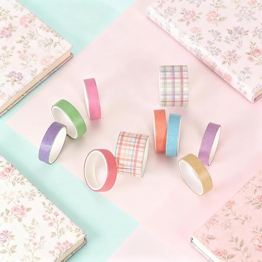 10 Rolls Washi Tape Set, Solid Color & Grid Decorative Tapes for Journals, Scrapbooking, Gift Wrapping, Decor & Crafts (Macaron)