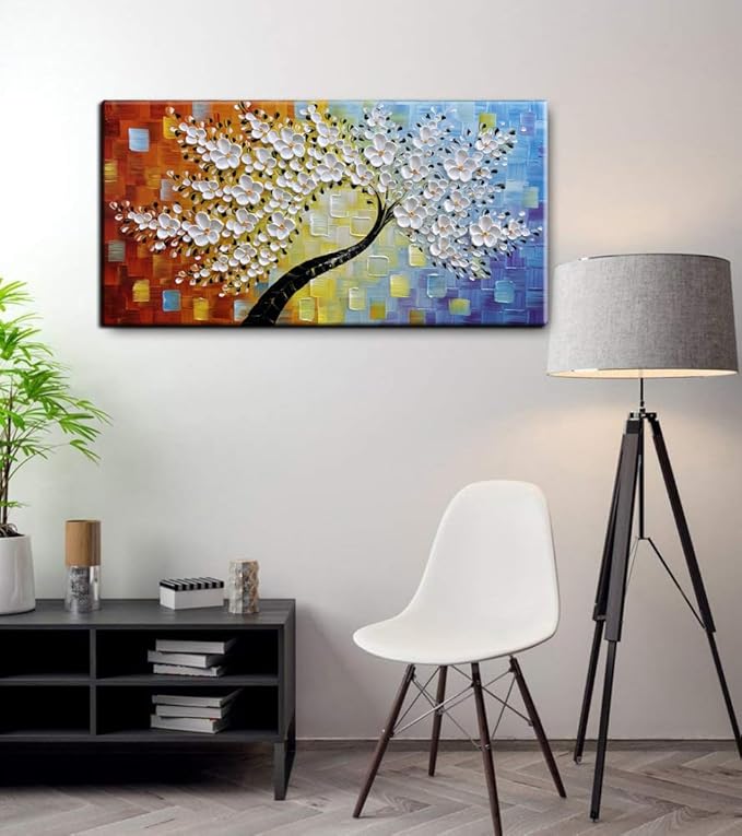 YaSheng Art -hand painted White Flowers Paintings Oil Painting On Canvas Abstract Texture Palette Knife Tree Paintings Modern Home living room Bedroom Dining Room Wall Decor Ready to hang 20x40inch