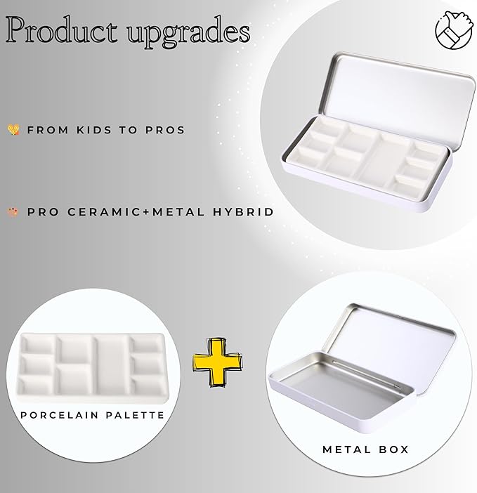 Travel Watercolor Palette, Portable Ceramic Palette 9 Well, Watercolor Palette with Lid, Empty Wet Palette Metal Paint Box with Porcelain Palettes(White Box)