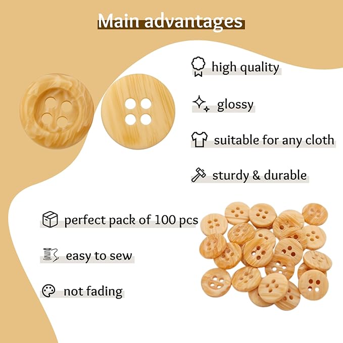 0.45 inch Tan Buttons for Sewing 100 Pcs Wood Color Buttons for Shirt 4 Hole 18L Beige Plastic Glossy 11mm for Work Uniforms School Outfits Aprons Pants Jackets Bags DIY Crafts Decorations