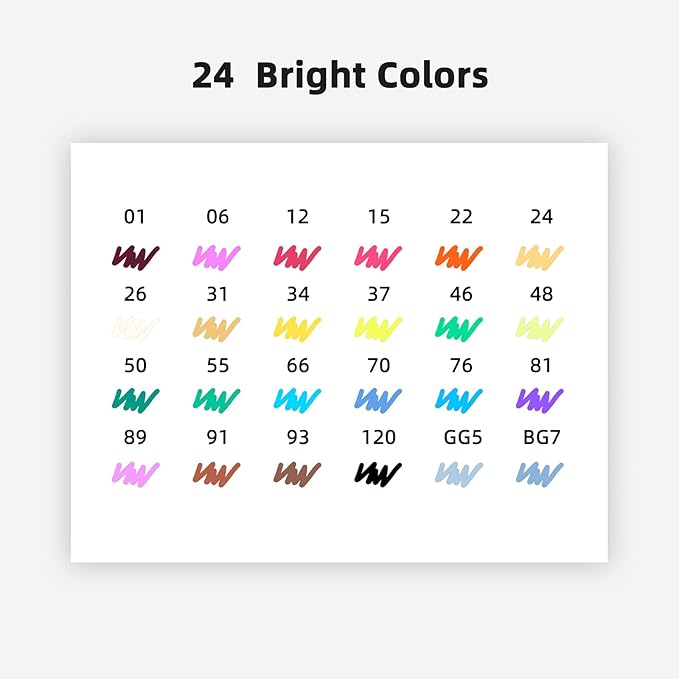 24 Colors Dual Tip Alcohol Markers Set, Chisel & Fine Point, Professional Art Markers for Blending, Adult Coloring Books, Sketching, Architecture Design, Non-Toxic, Quick-Dry