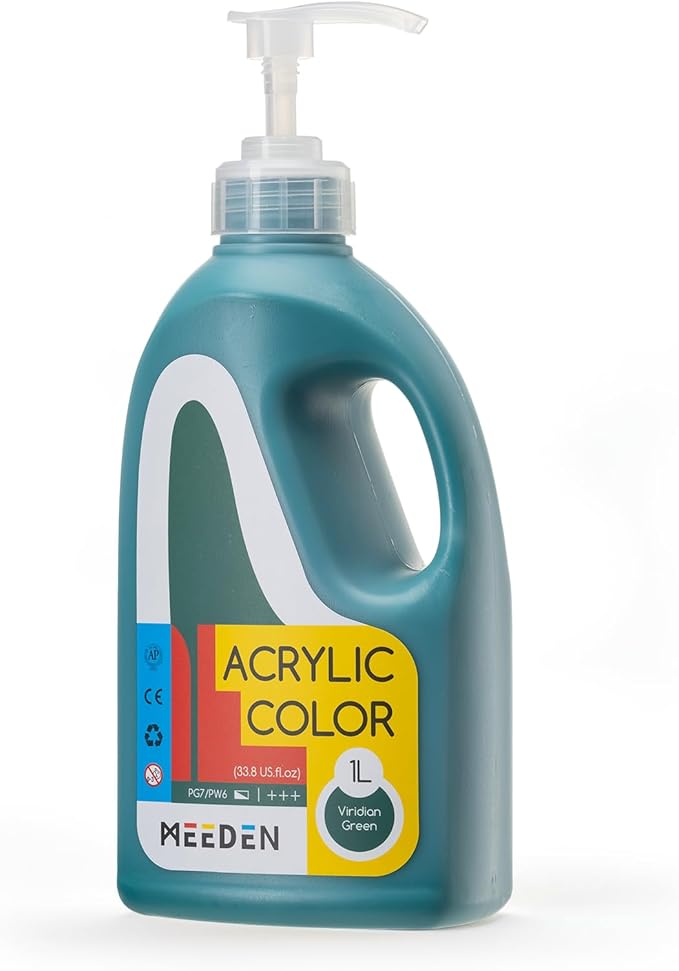 MEEDEN Viridian Green Acrylic Paint: 1 L /33.8 oz Satin Liquid Paint with Pump Lid - Soft Body Art Paints for Canvas, Studio, School, Wall & Poured Paintings