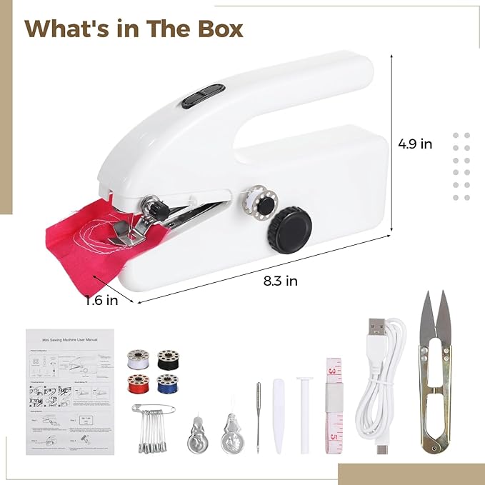 Portable Handheld Sewing Machine Kit - Mini Electric Stitching Machine Hand Held for Beginners, Dual Speeds, USB or Battery Powered, Complete Set with Accessories, DIY Repairs on Clothes, Fabrics