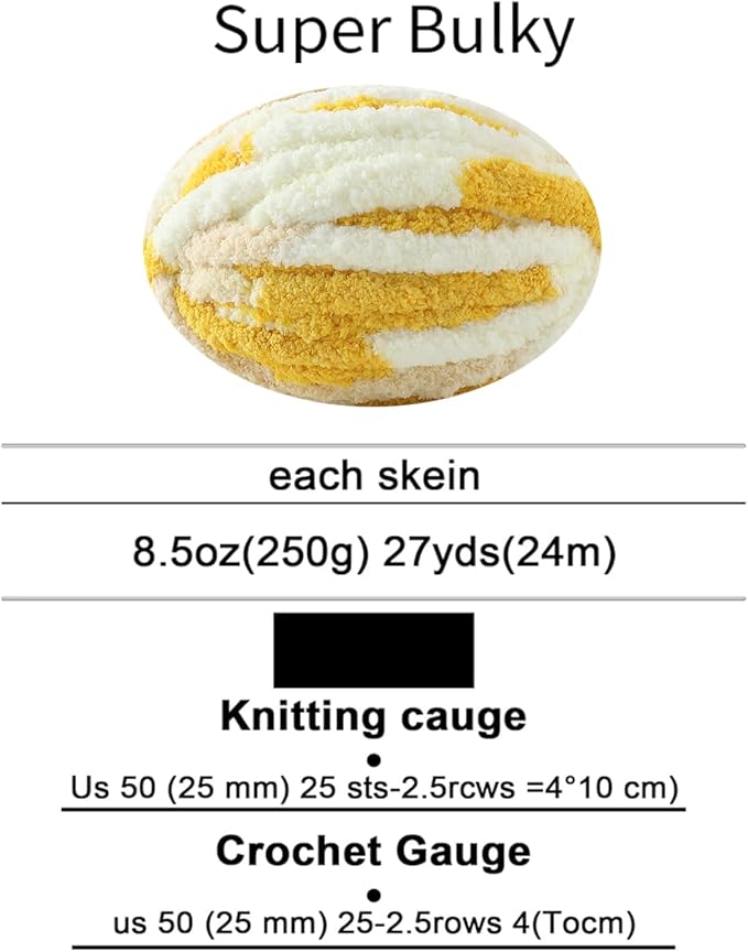 Chunky Yarn for Hand Knitting, No7 Thick Yarn, 250Grams 32Yards, Pack of 4, Perfect for Knitters and Crafters (Turmeric Yellow Off-White)