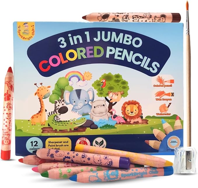 Jumbo Colored Pencils– 3 in 1 function, 12 colors Non-Toxic Toddler Pencils Break-Resistant, Easy Grip Beginner colored Pencils for 2 year plus, Pre-school, Kids, those with special needs.