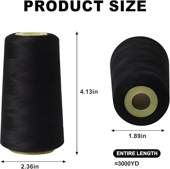 Sewing Thread Cone Set, 3 Pack Serger Thread, 3000 Yards Each, All Purpose Thread for Sewing, Quilting, Machines, Overlock, Merrow & Hand Embroidery (Black*3)