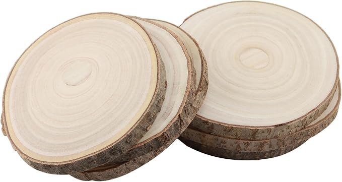 KINJOEK 6PCS 9-10 Inch Large Natural Wood Slices with Bark, Unfinished Wooden Table Coasters Circles, Blank Round Wood Ornaments Slice Bulk for Centerpieces DIY Craft Wedding Party Christmas Decor