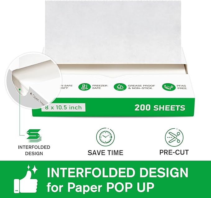 EcoDispose Precut POP UP Deli Paper Sheet Pack of 200, Interfolded Heavy Paper for Food Wrap and Serving (8" x 10-1/2", White）