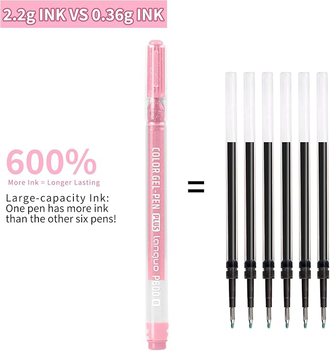 Glitter Gel Pens, 6 Pack Colored Pens for Black Paper & White Paper, 1.0mm Point Pens, Large Capacity Ink Pens for Coloring, Writing, Drawing, Journaling, Note Taking, Office, Home