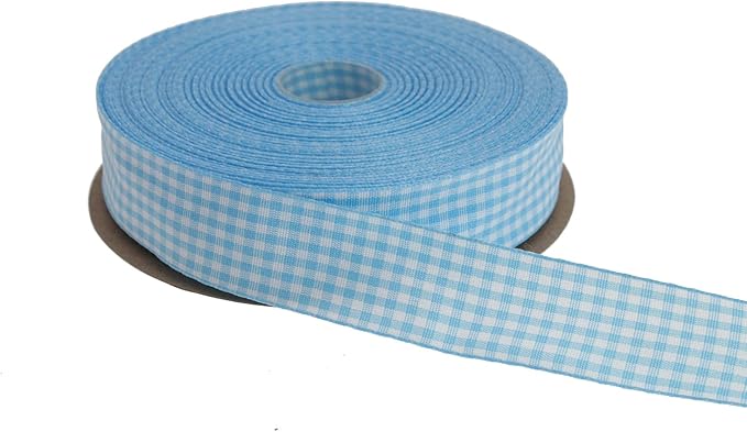 Gingham Ribbon 50 Yard Each Roll 100% Polyester Woven Edge (1" x 50 Yards, Light Blue)
