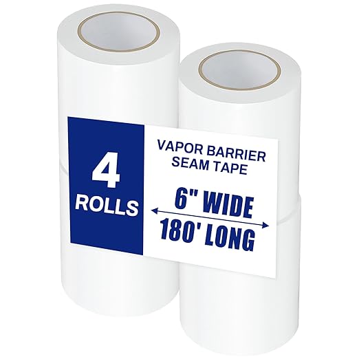 4 Roll, White Vapor Barrier Tape, 6" Wide x 180' Long, PE 9 mm Polyethylene Tape, for Crawlspaces, Underlayment Seams, Metal Building Seams, Excellent Air Barrier, Insulation Repairs