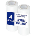 4 Roll, White Vapor Barrier Tape, 6" Wide x 180' Long, PE 9 mm Polyethylene Tape, for Crawlspaces, Underlayment Seams, Metal Building Seams, Excellent Air Barrier, Insulation Repairs